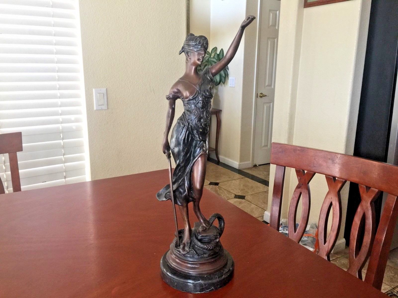 ANTIQUE VICTORIAN FRENCH BRONZE LADY JUSTICE STATUE by CHARLES VALTON  c.1900's