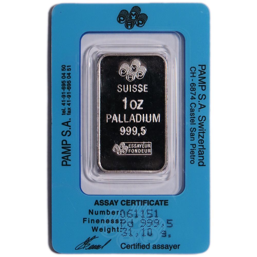 1 Troy oz Pamp Suisse Palladium Bar .9995 Fine In Assay