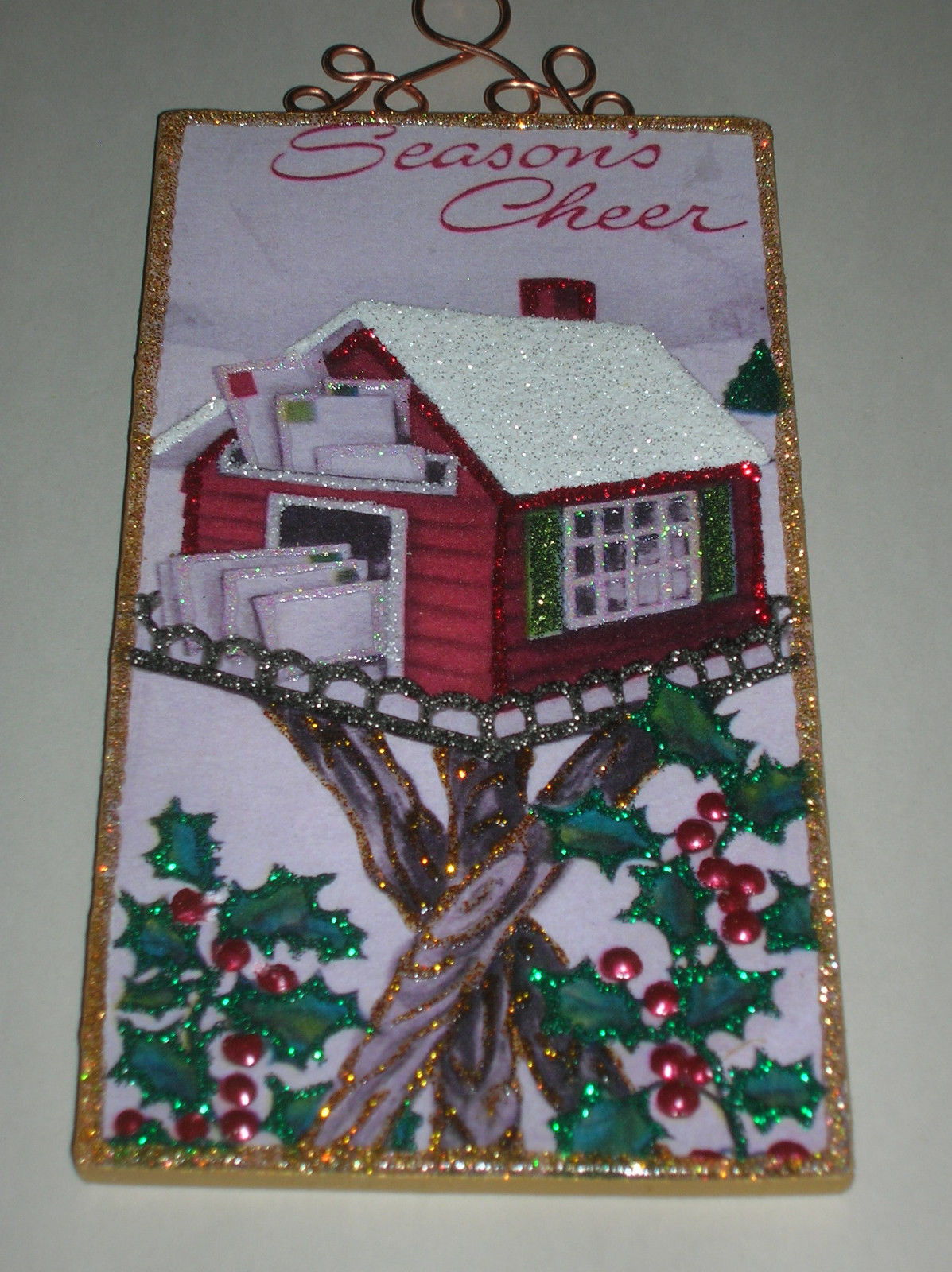 Wood Slice Wintertime Christmas Mailbox Glitter Ornament Vintage Card Image