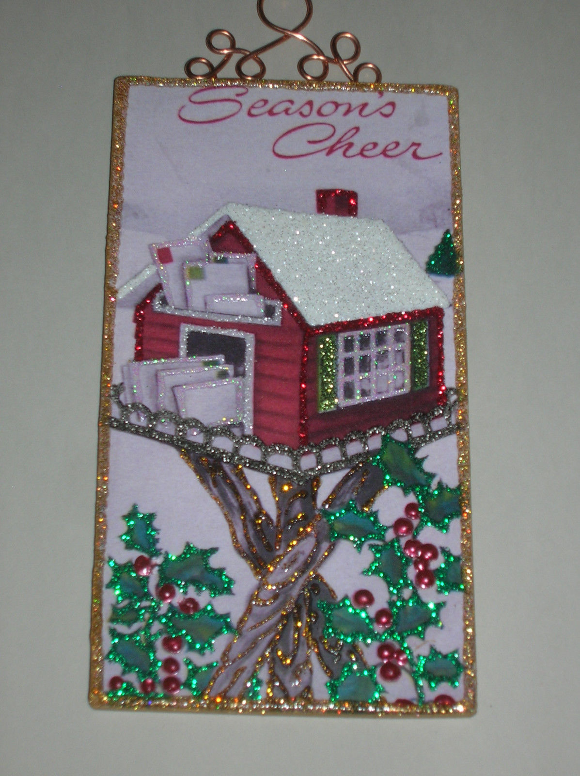 Wood Slice Wintertime Christmas Mailbox Glitter Ornament Vintage Card Image