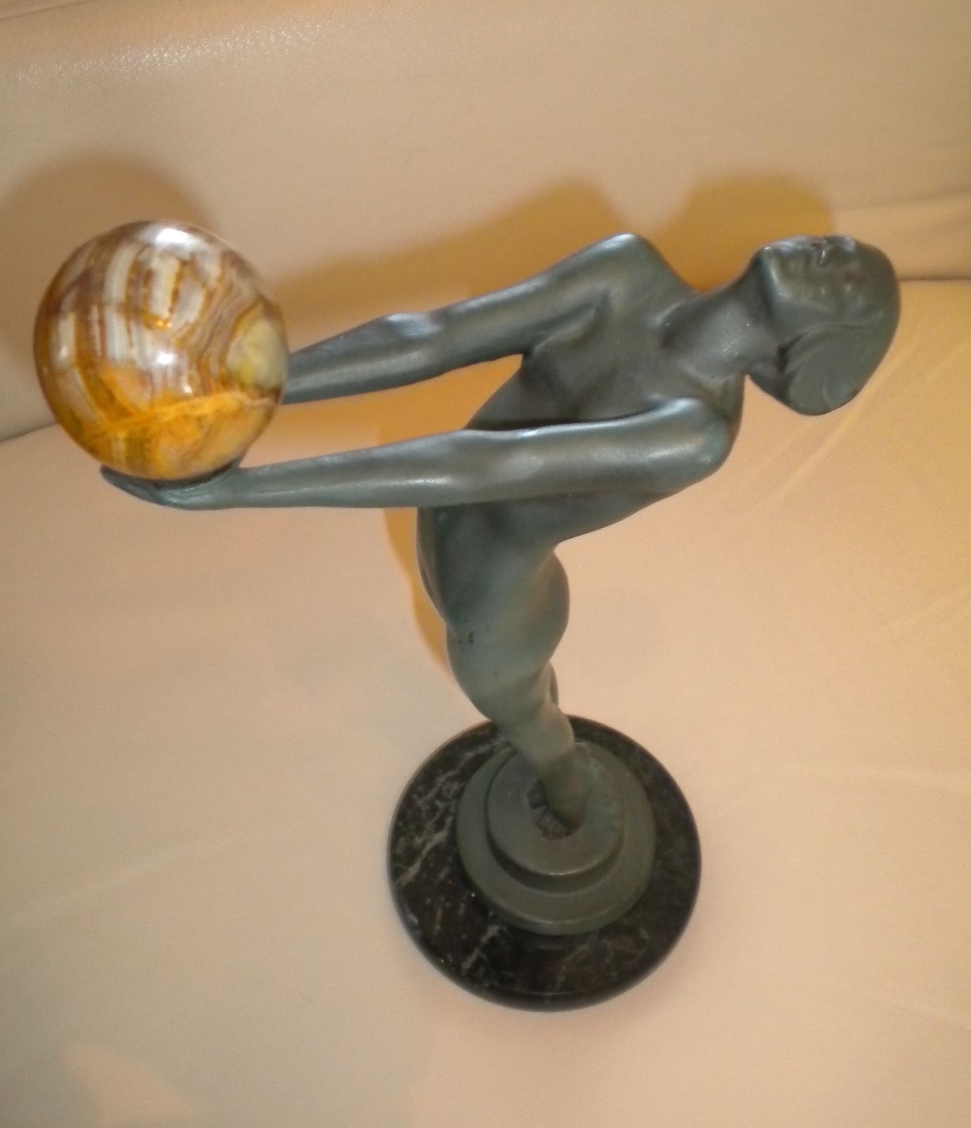 Max Le Verrier Art Deco Bronze Sculpture, Lady With Ball "Lueur"Signed
