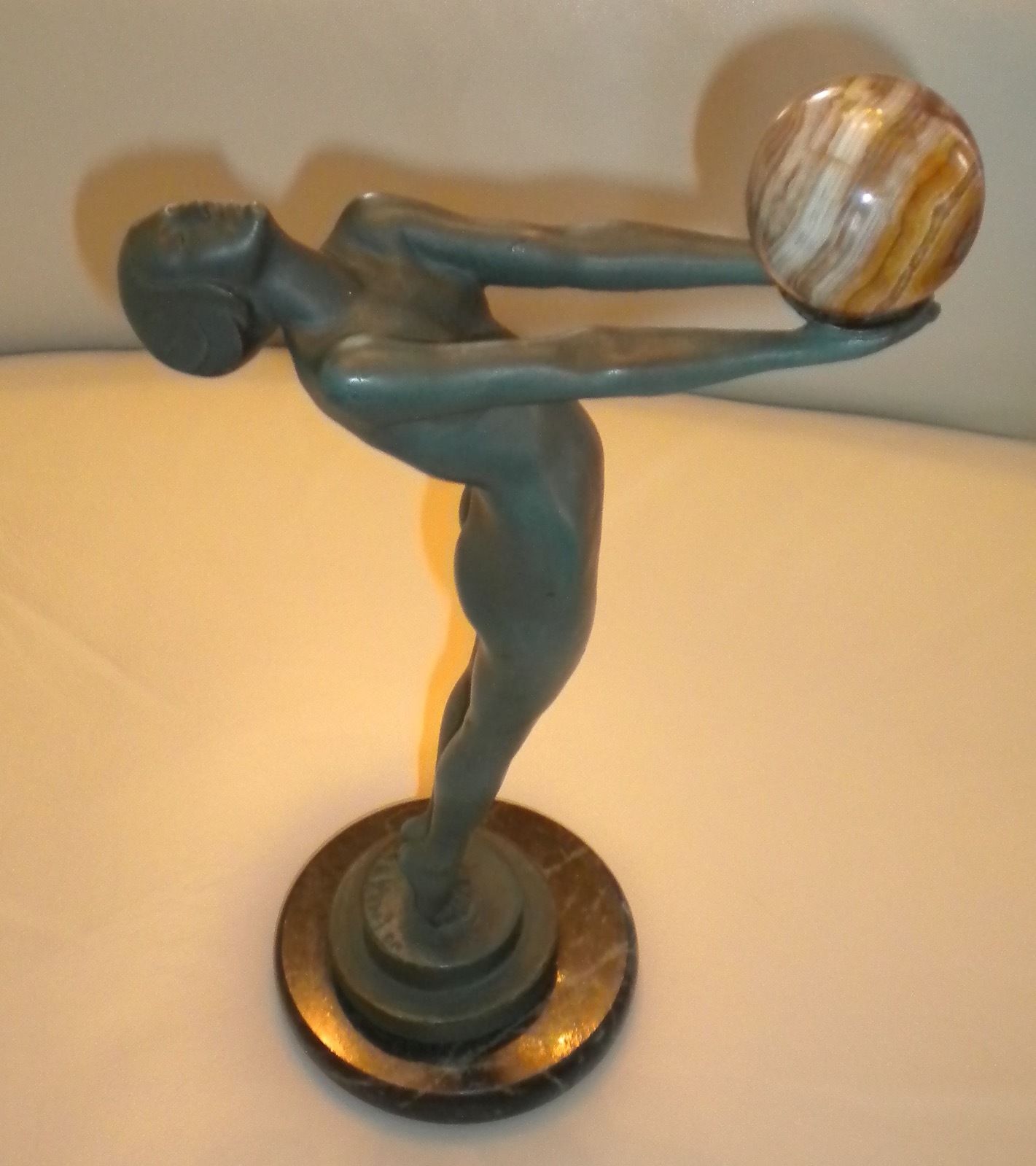 Max Le Verrier Art Deco Bronze Sculpture, Lady With Ball "Lueur"Signed