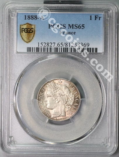 1888-A PCGS MS 65 France Silver 1 Franc GEM BU Ceres Coin (16090701D)