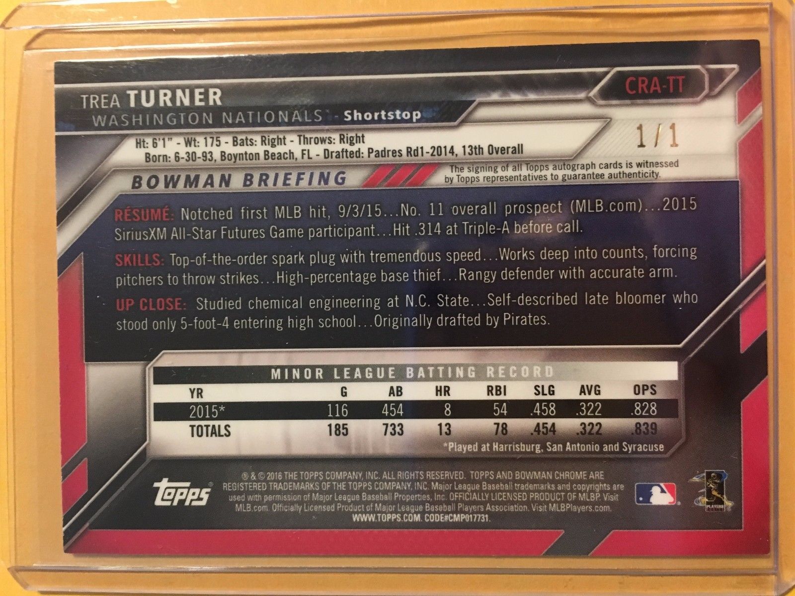 TREA TURNER 2016 BOWMAN CHROME AUTO AUTOGRAPH RC ROOKIE SUPERFRACTOR #1/1