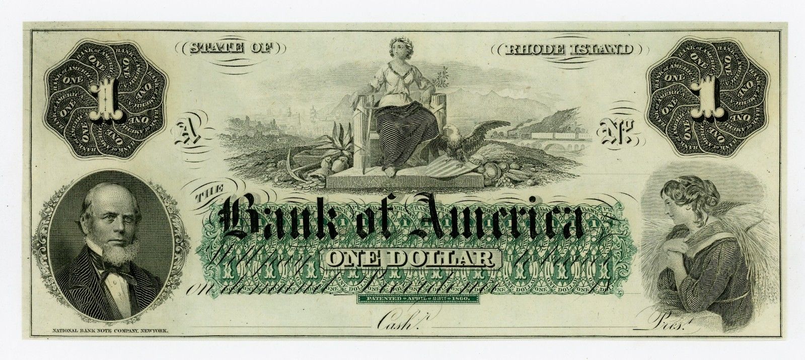 1800's $1 The Bank of America - Providence, RHODE ISLAND Note AU