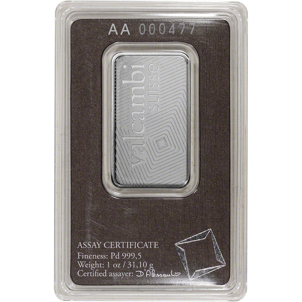 1 oz. Palladium Bar - Valcambi Suisse - 999.5 Fine in Assay