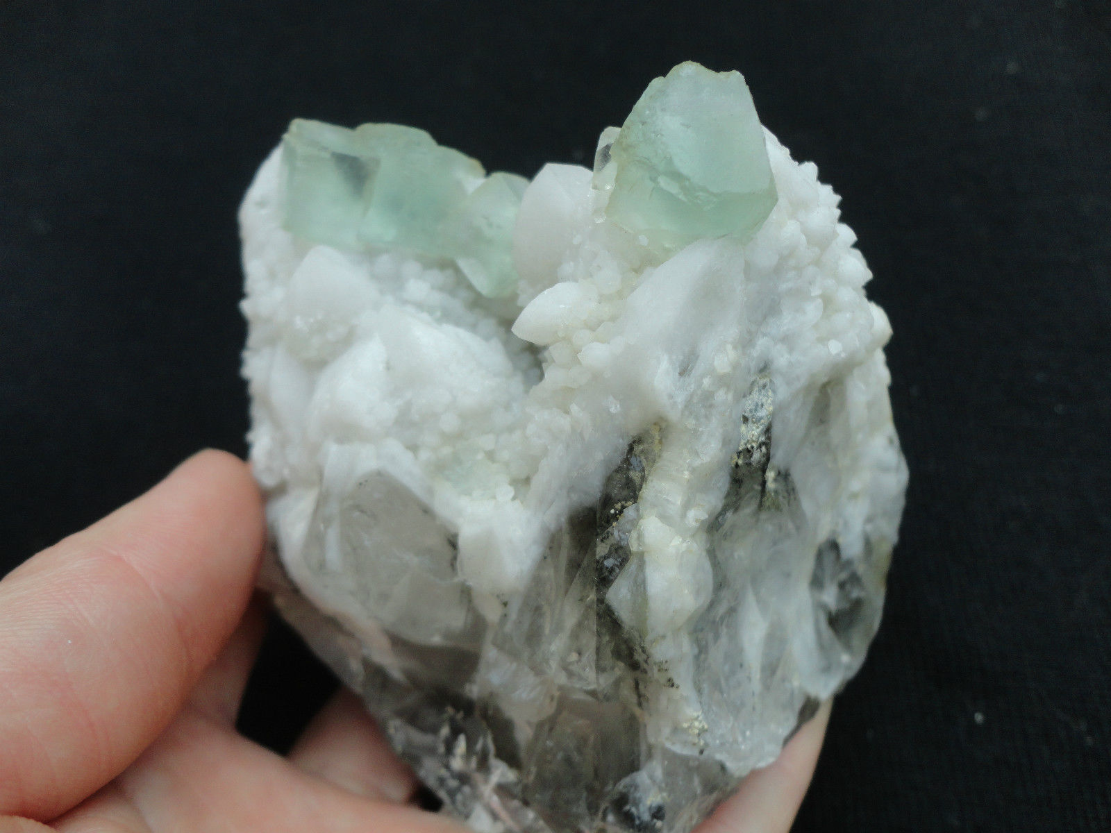 430g natural green fluorite crystal on white quartz mineral specimen China