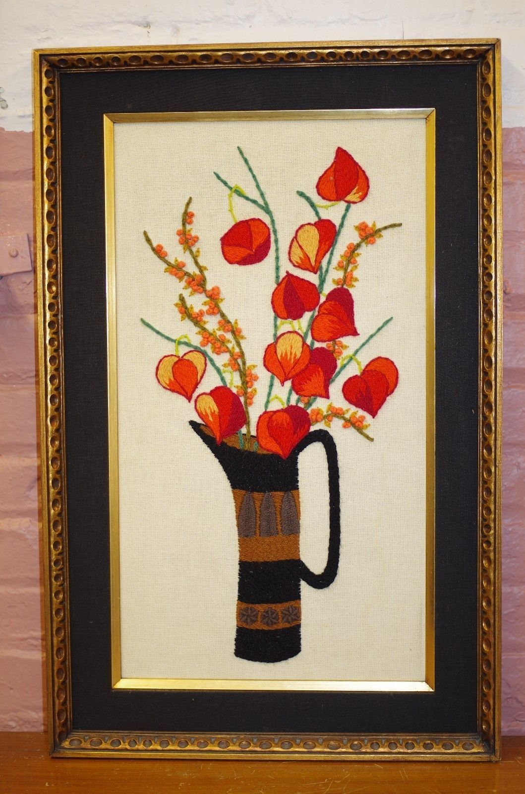 Vintage Crewel Embroidery Framed - Mid Century Modern Pitcher Vase Red Flowers