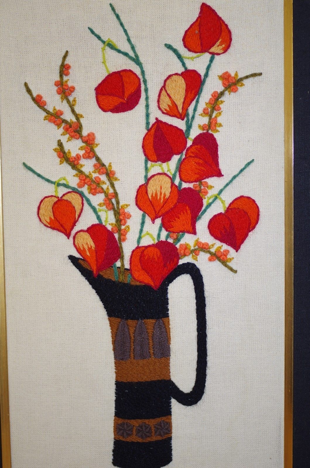 Vintage Crewel Embroidery Framed - Mid Century Modern Pitcher Vase Red Flowers