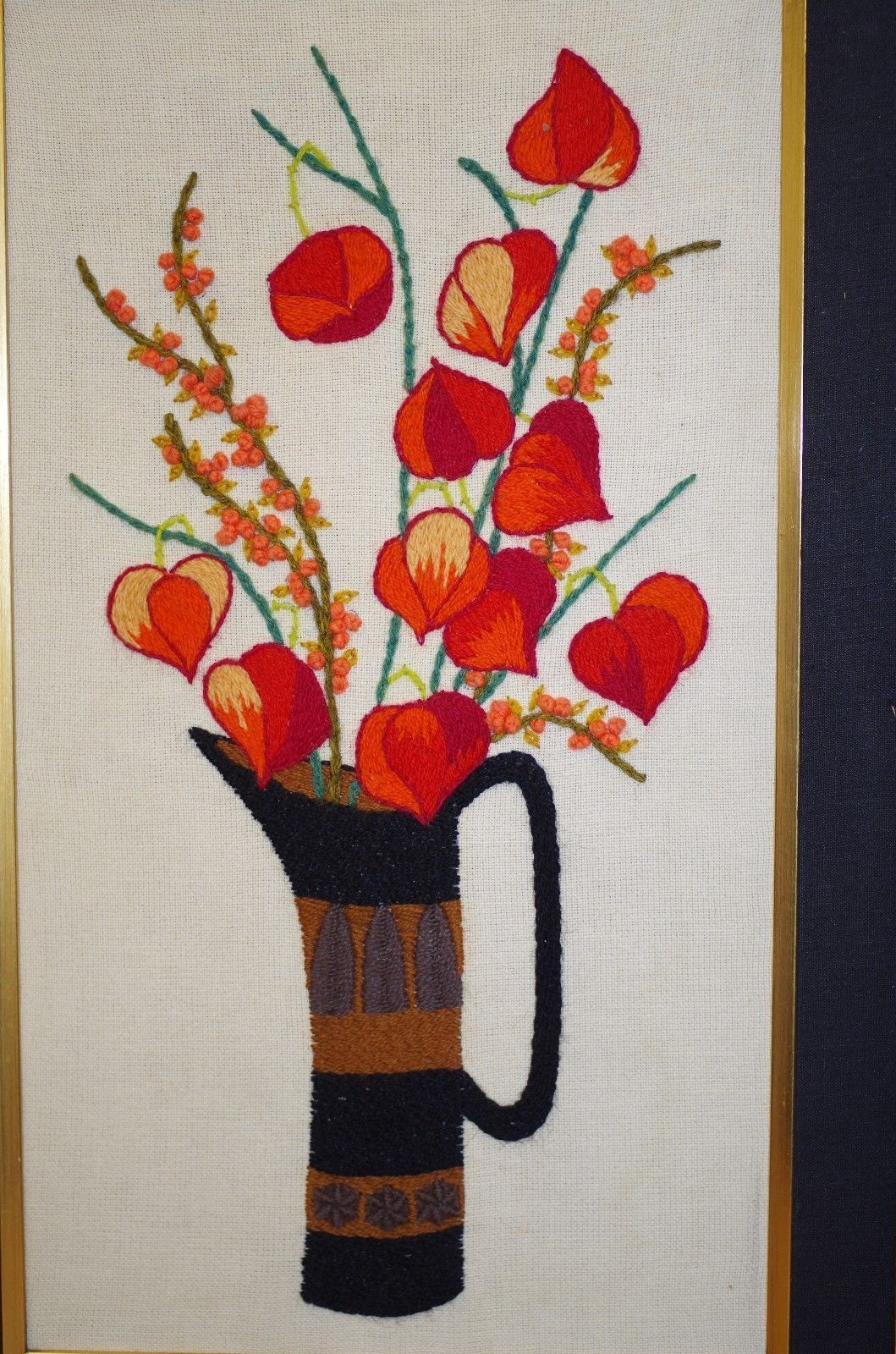 Vintage Crewel Embroidery Framed - Mid Century Modern Pitcher Vase Red Flowers