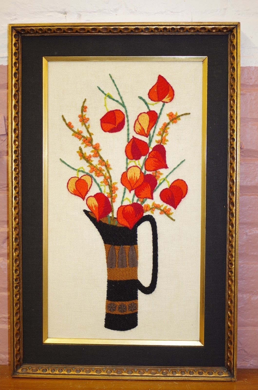 Vintage Crewel Embroidery Framed - Mid Century Modern Pitcher Vase Red Flowers