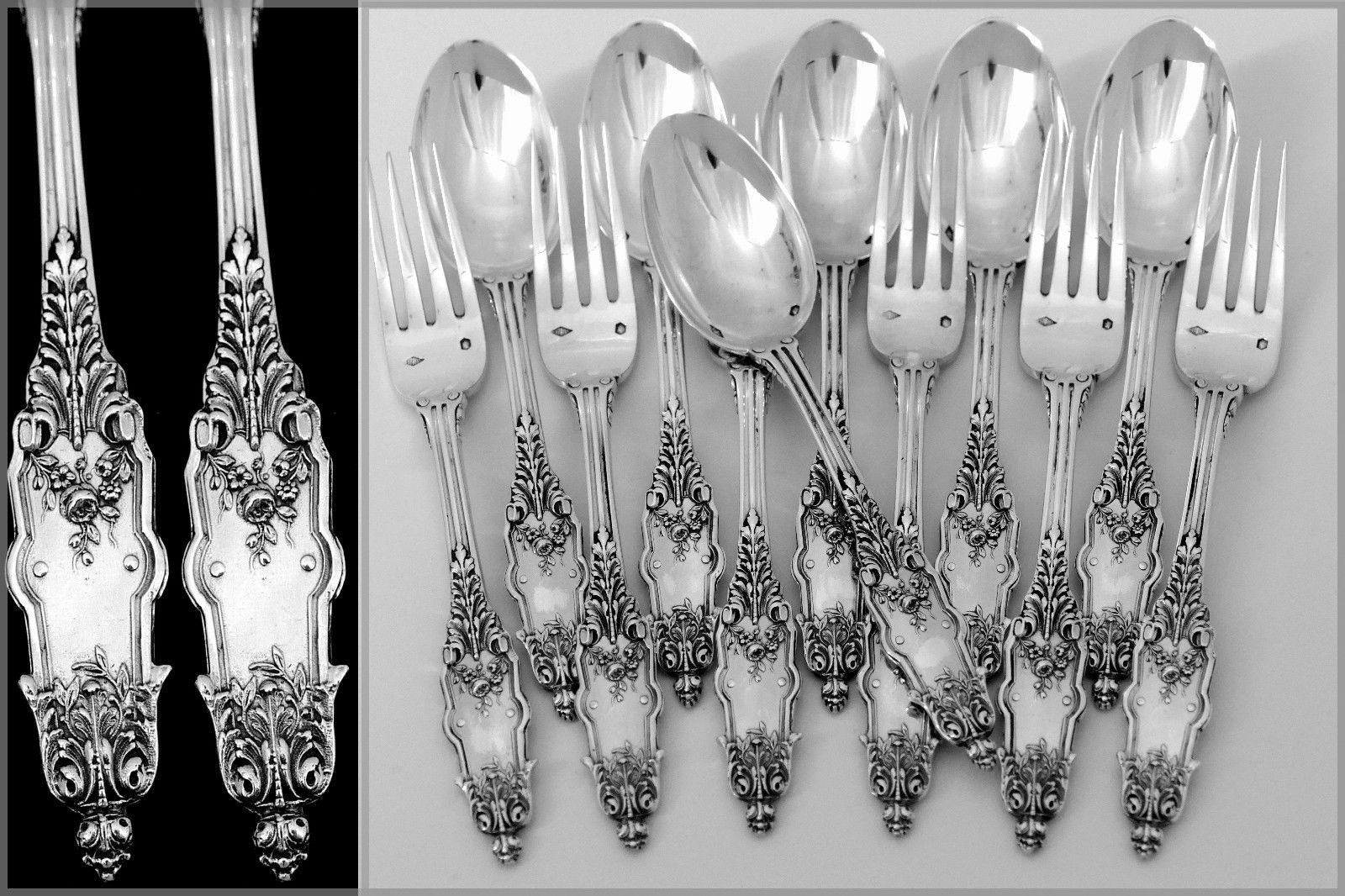 PUIFORCAT Fabulous French Sterling Silver Flatware Set 12 pc Acanthus