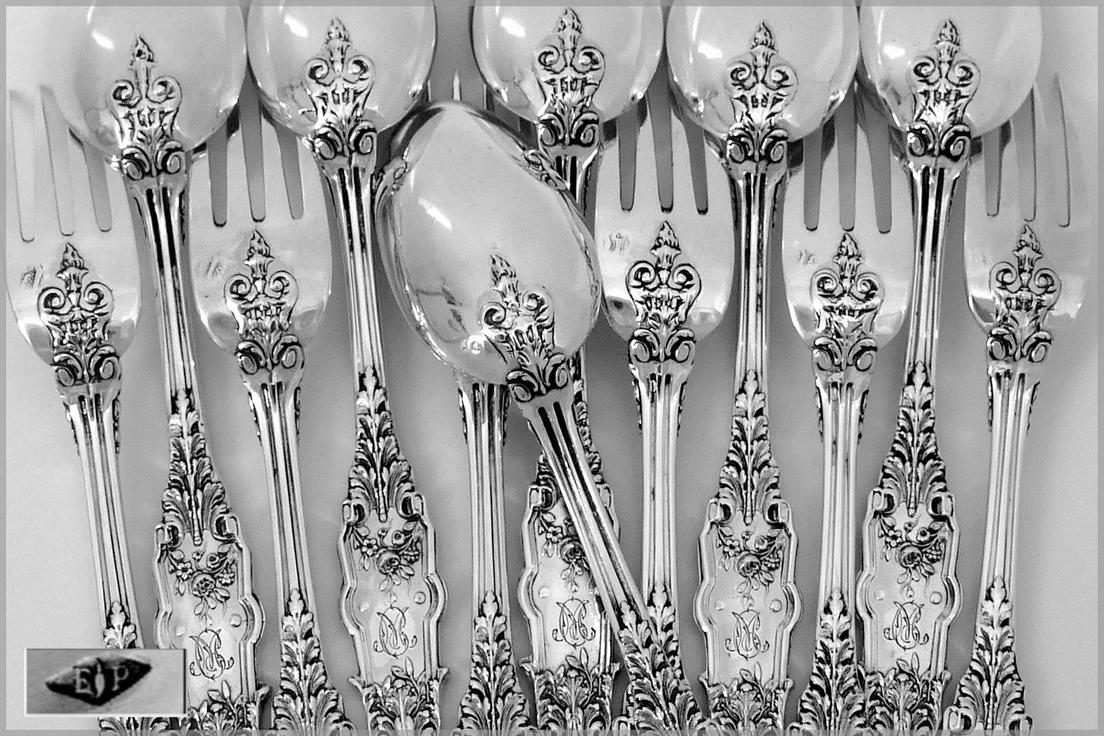 PUIFORCAT Fabulous French Sterling Silver Flatware Set 12 pc Acanthus