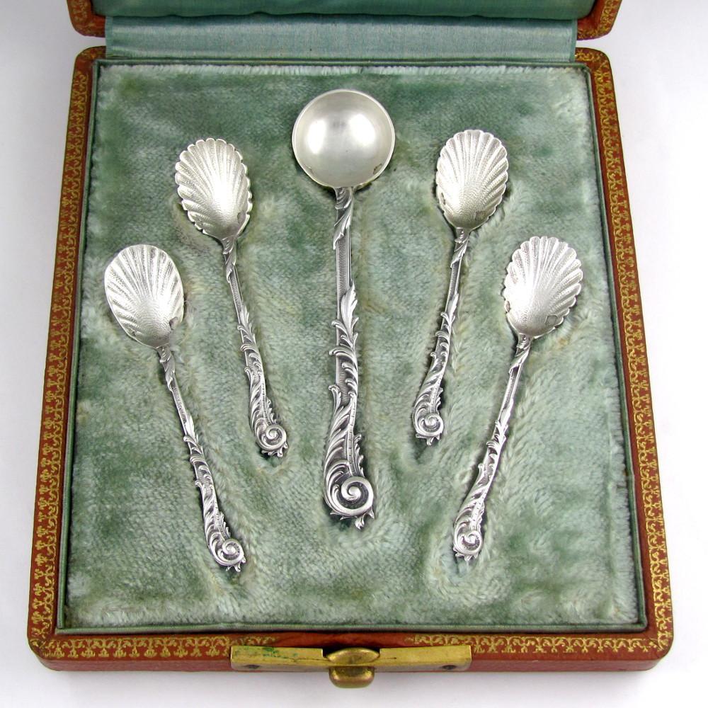 Ornate Antique French Sterling Silver Condiment Set, Salt Spoons & Mustard Spoon