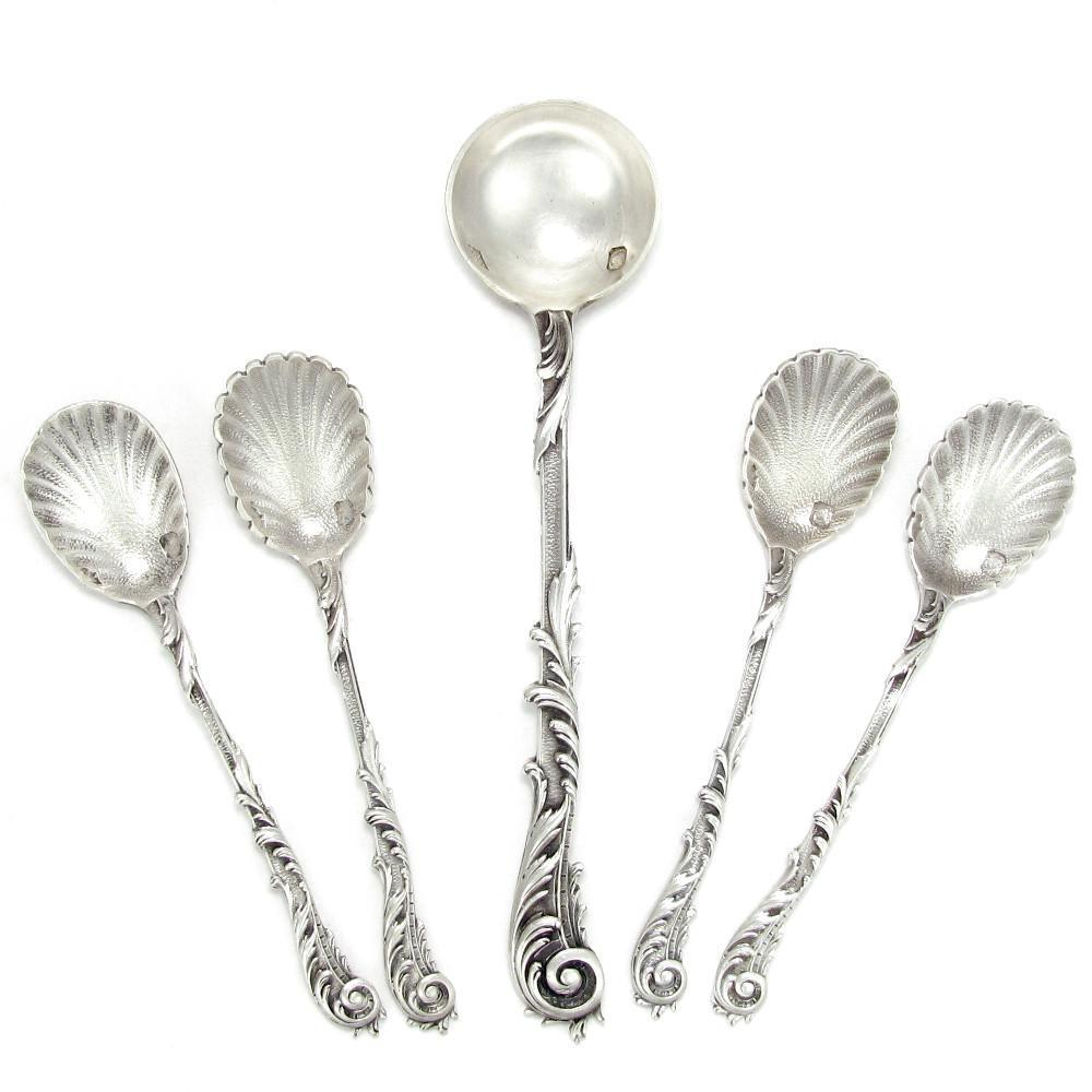 Ornate Antique French Sterling Silver Condiment Set, Salt Spoons & Mustard Spoon