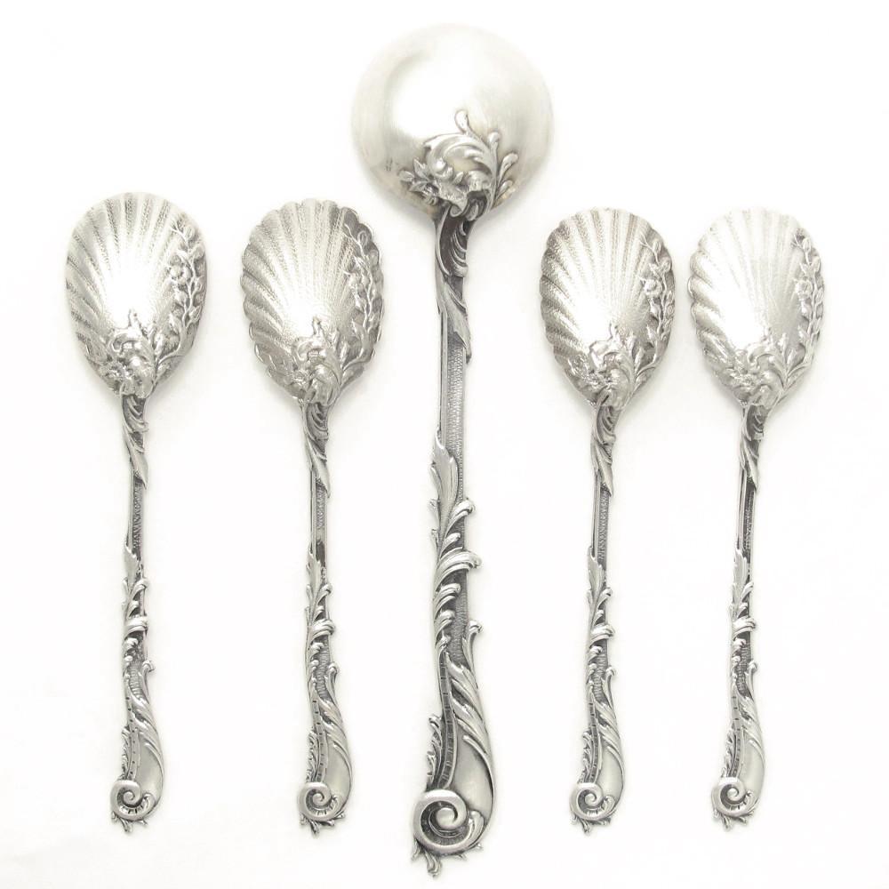 Ornate Antique French Sterling Silver Condiment Set, Salt Spoons & Mustard Spoon