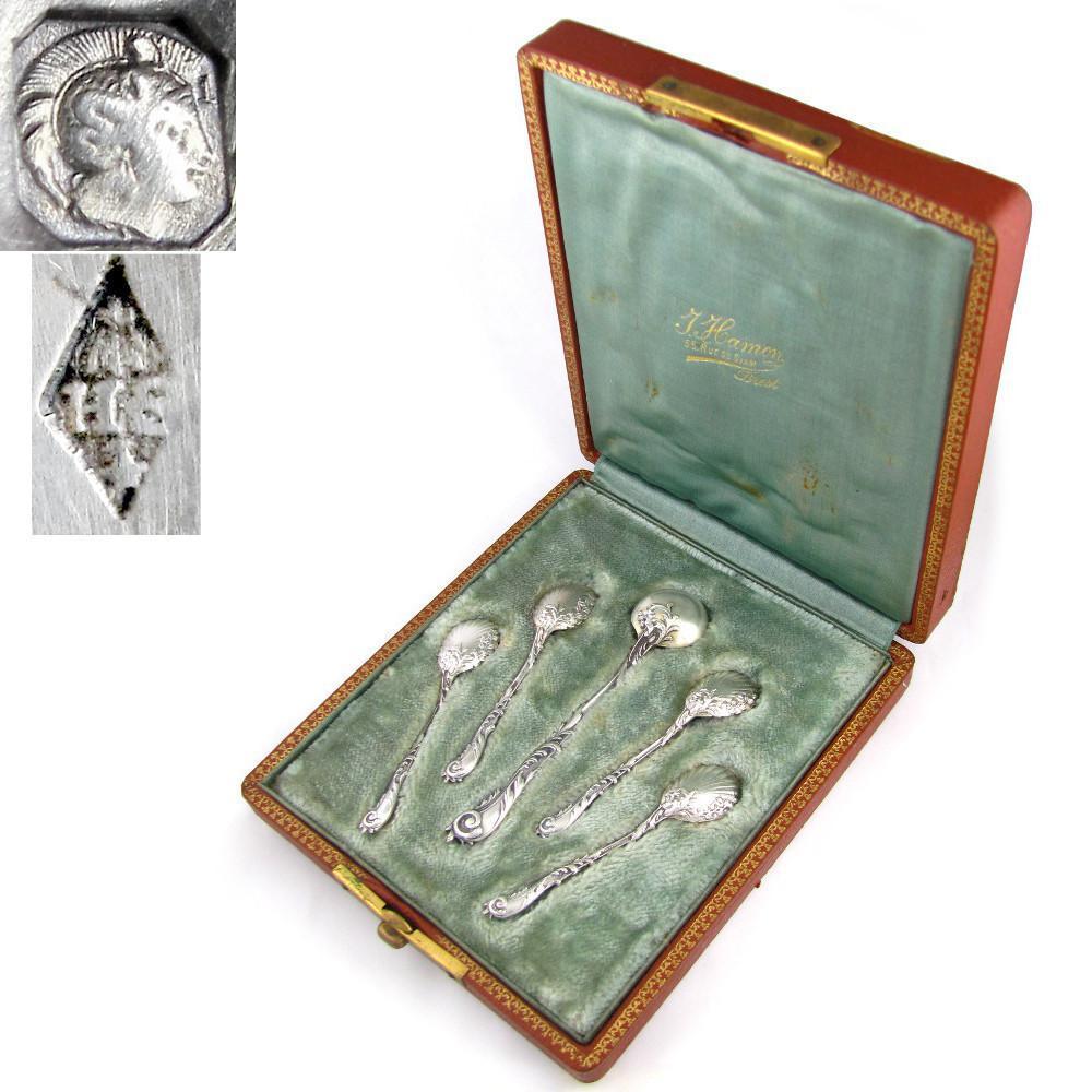 Ornate Antique French Sterling Silver Condiment Set, Salt Spoons & Mustard Spoon