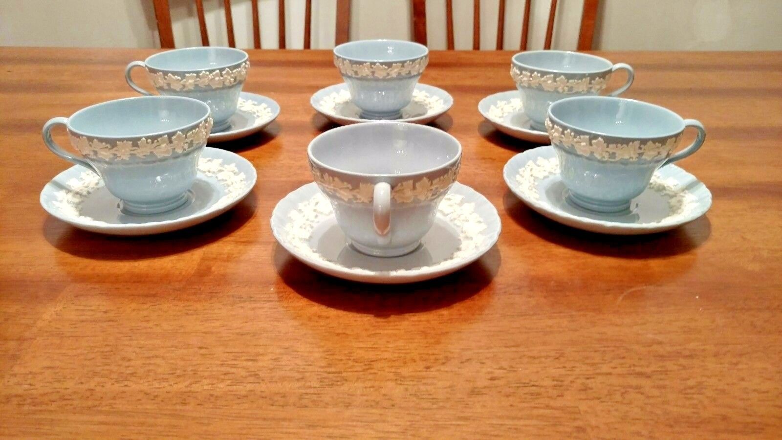 Vintage Set of 6 Wedgwood White on Blue Embossed Queensware Cups & Saucers VGUC