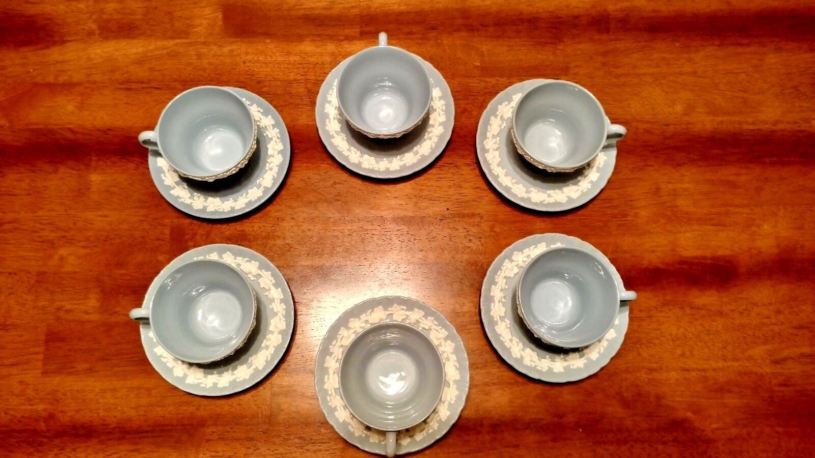 Vintage Set of 6 Wedgwood White on Blue Embossed Queensware Cups & Saucers VGUC