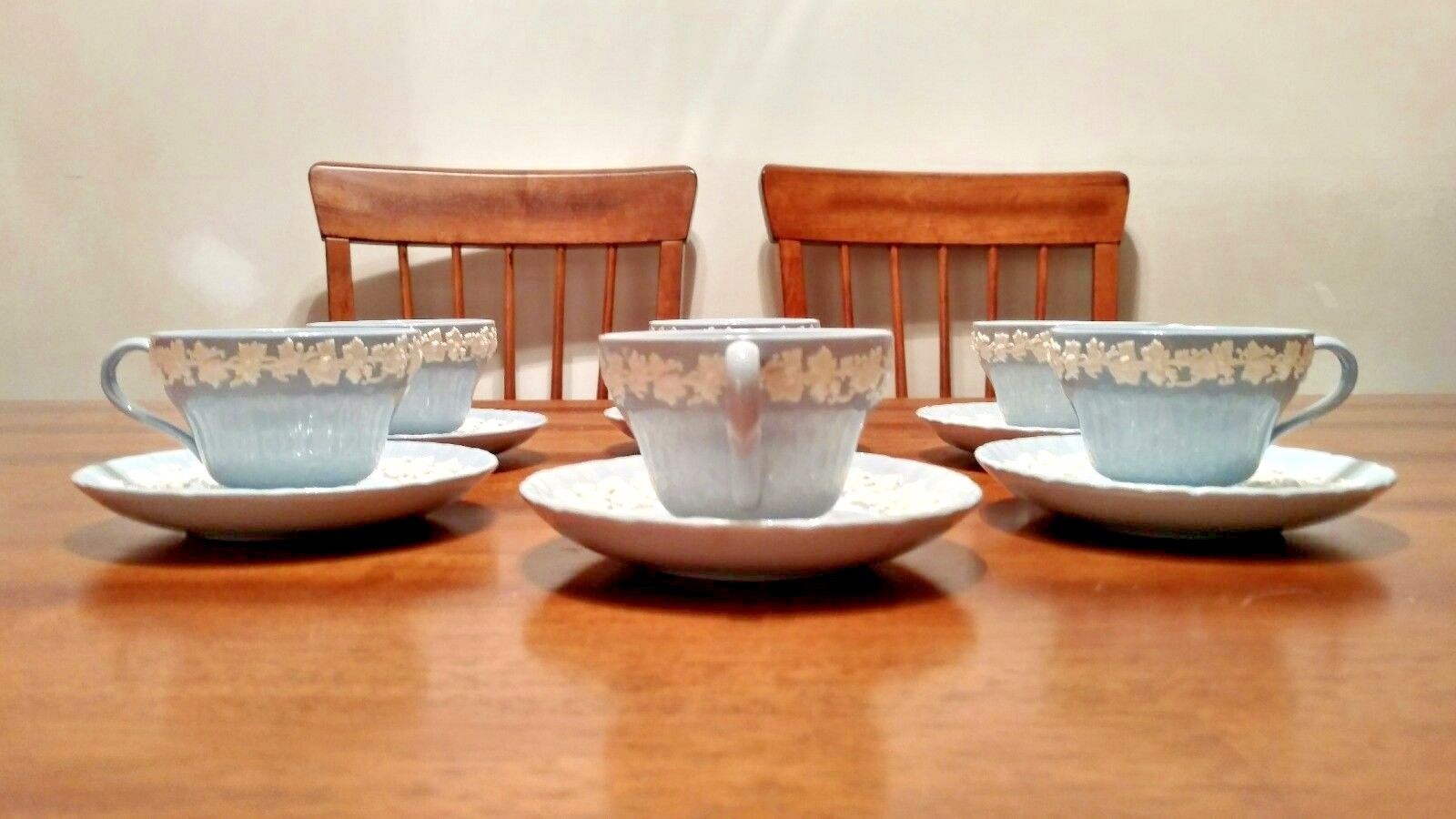 Vintage Set of 6 Wedgwood White on Blue Embossed Queensware Cups & Saucers VGUC