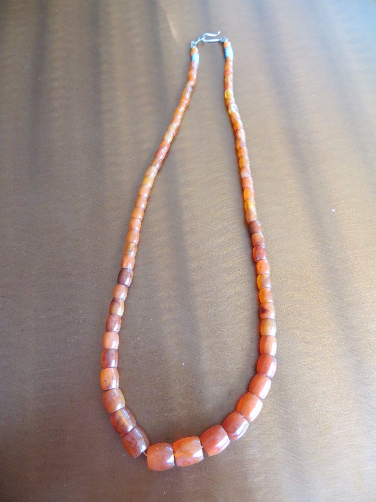 Old Chinese Tibetan Carnelian Carved Barrels Beads Necklace silver closer 24"