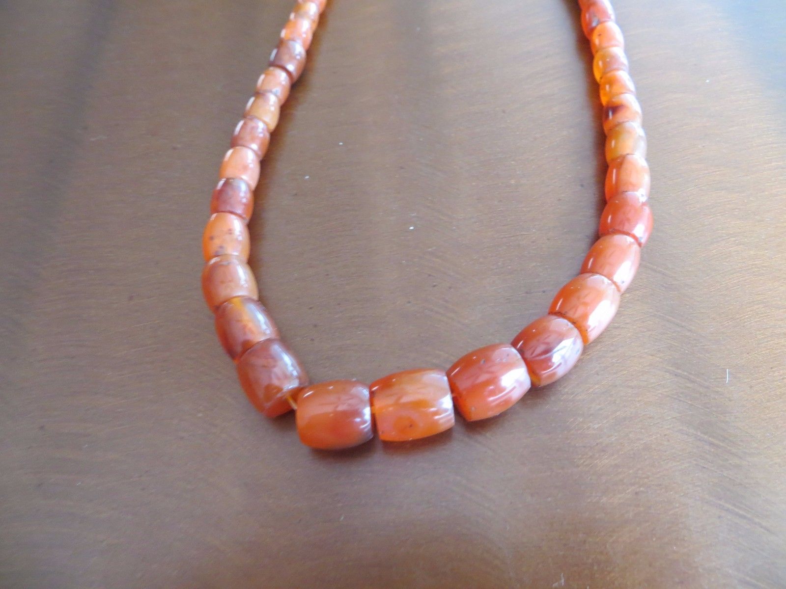 Old Chinese Tibetan Carnelian Carved Barrels Beads Necklace silver closer 24"