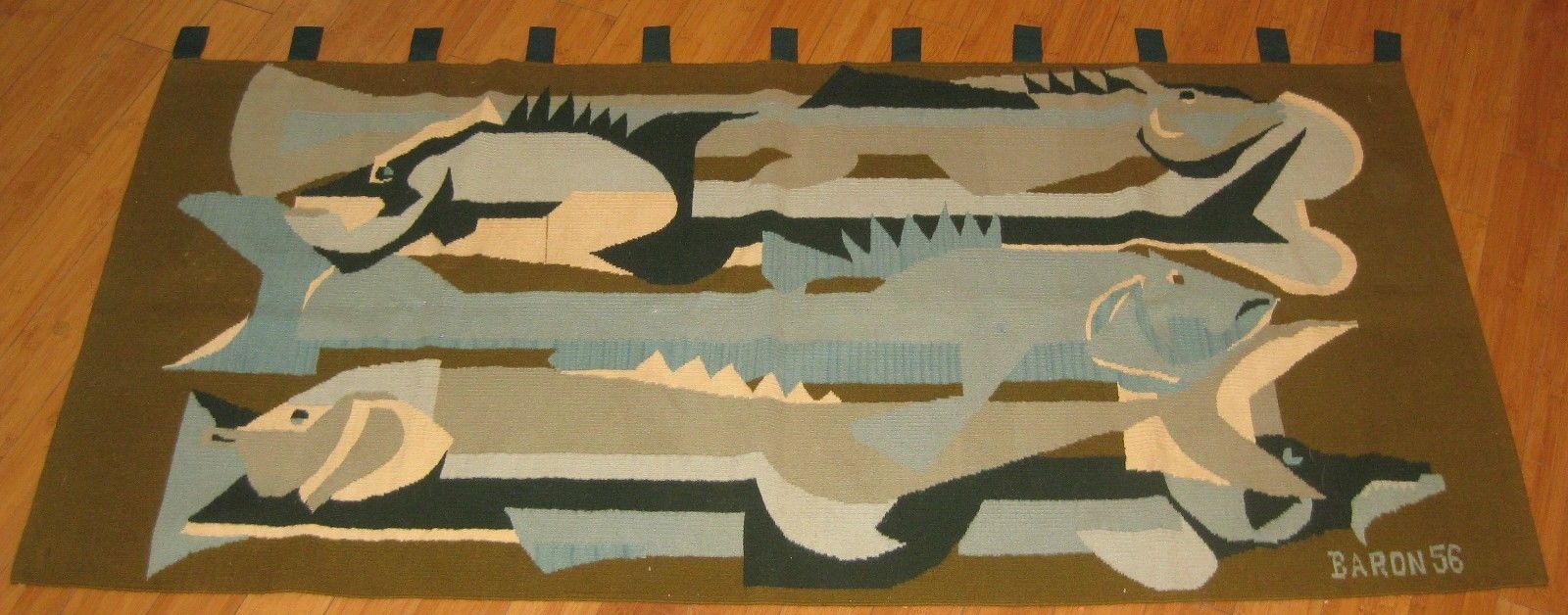 Vintage 1956 JEAN BARON Cubist Fish MID CENTURY MODERN French Wool TAPESTRY