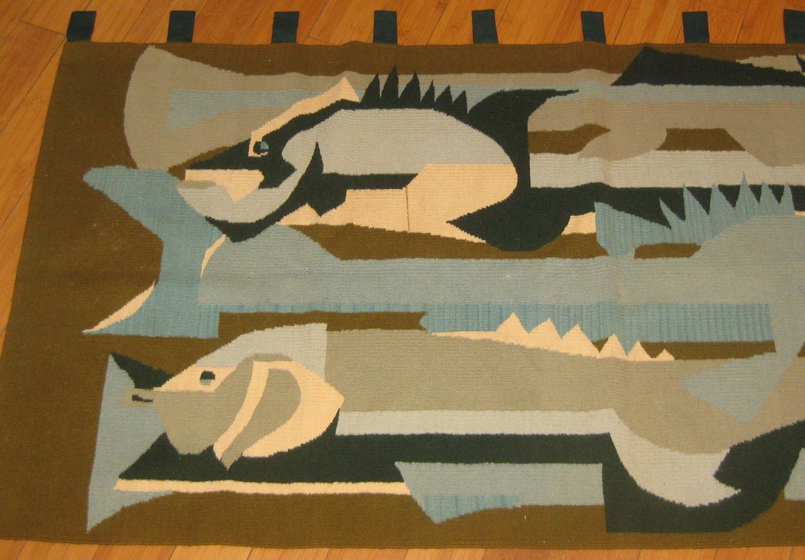 Vintage 1956 JEAN BARON Cubist Fish MID CENTURY MODERN French Wool TAPESTRY