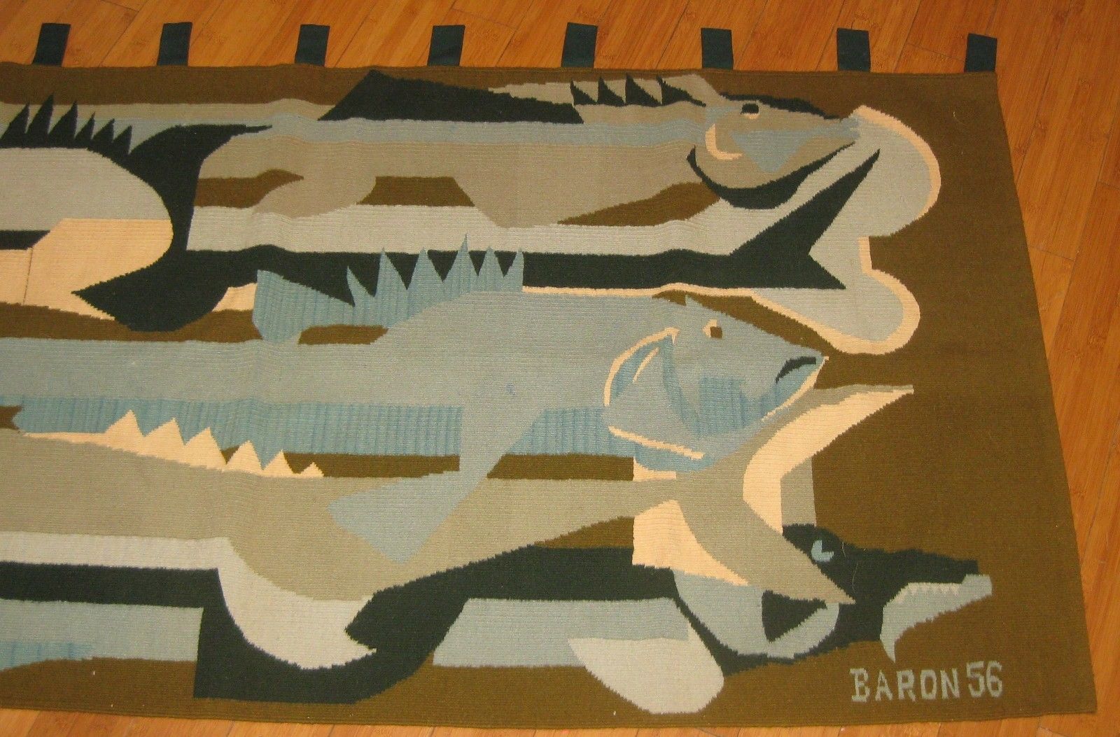 Vintage 1956 JEAN BARON Cubist Fish MID CENTURY MODERN French Wool TAPESTRY