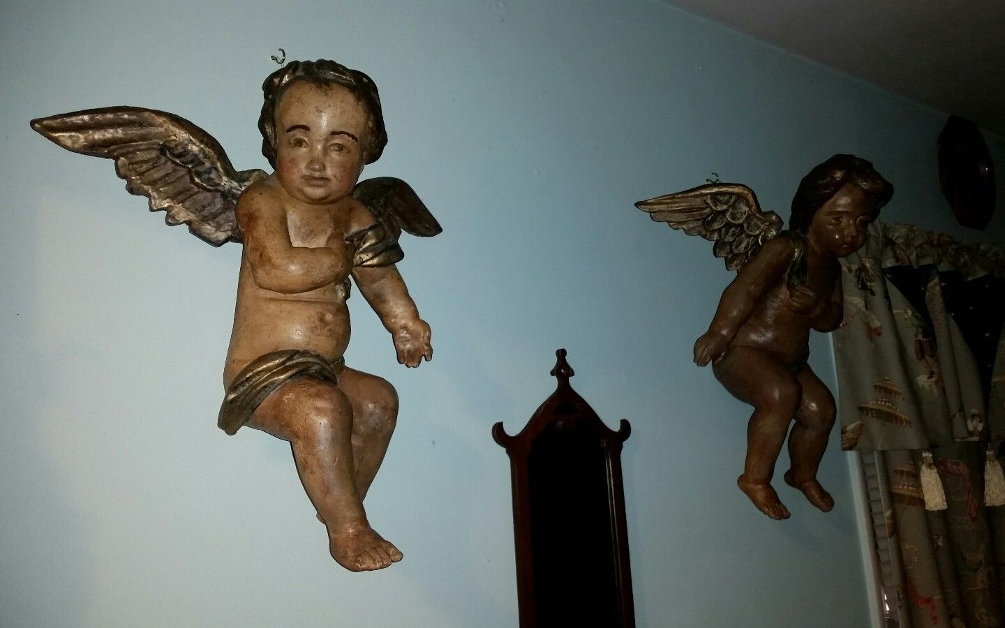 Large  Pair of Antique Wood Carved Winged Cherubs Angels  1) 19"  2) 21"