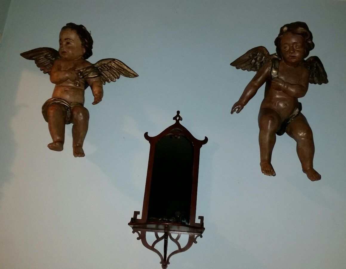 Large  Pair of Antique Wood Carved Winged Cherubs Angels  1) 19"  2) 21"