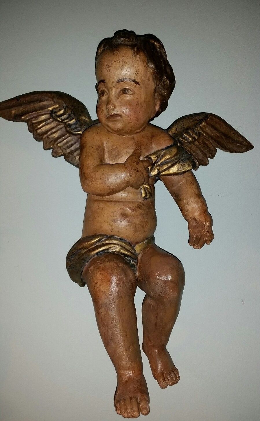 Large  Pair of Antique Wood Carved Winged Cherubs Angels  1) 19"  2) 21"