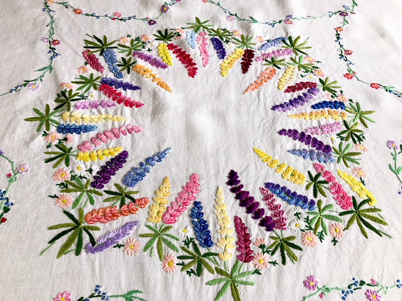 Beautiful Vintage Hand Embroidered White Linen " LUPINS " Tablecloth 41x42 Inch