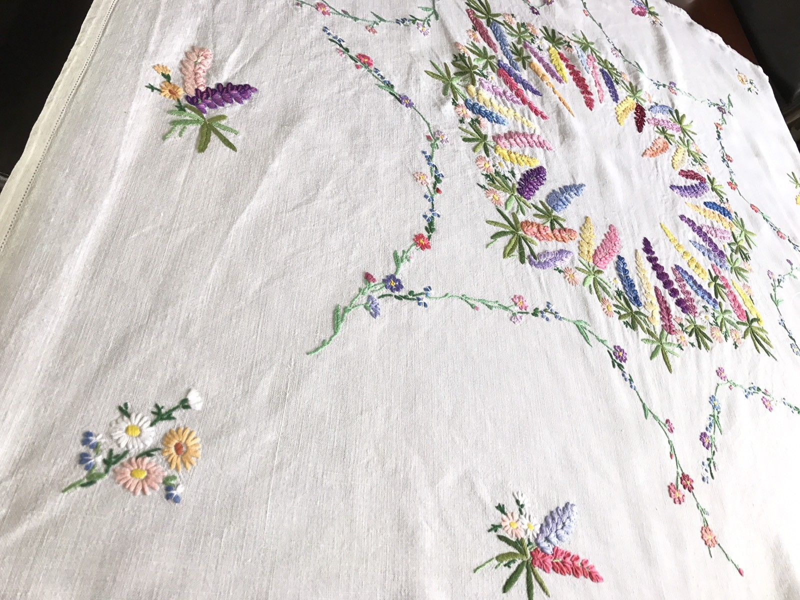 Beautiful Vintage Hand Embroidered White Linen " LUPINS " Tablecloth 41x42 Inch