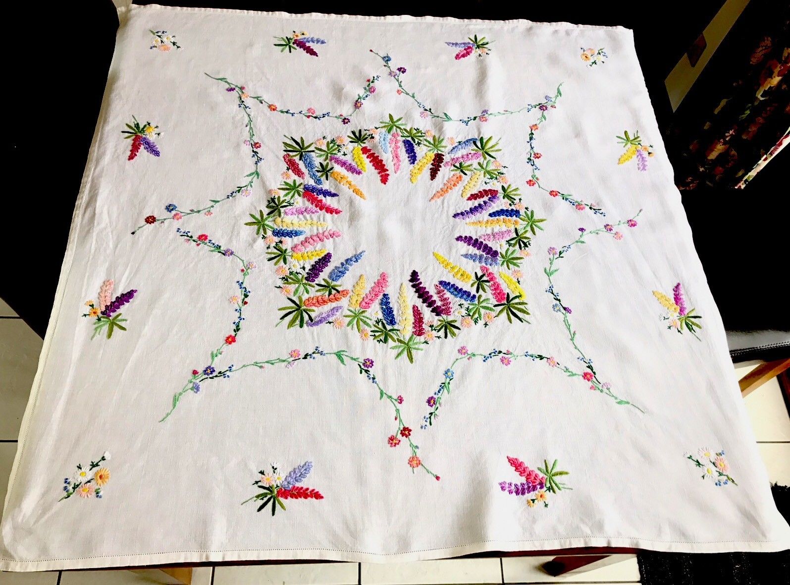 Beautiful Vintage Hand Embroidered White Linen " LUPINS " Tablecloth 41x42 Inch