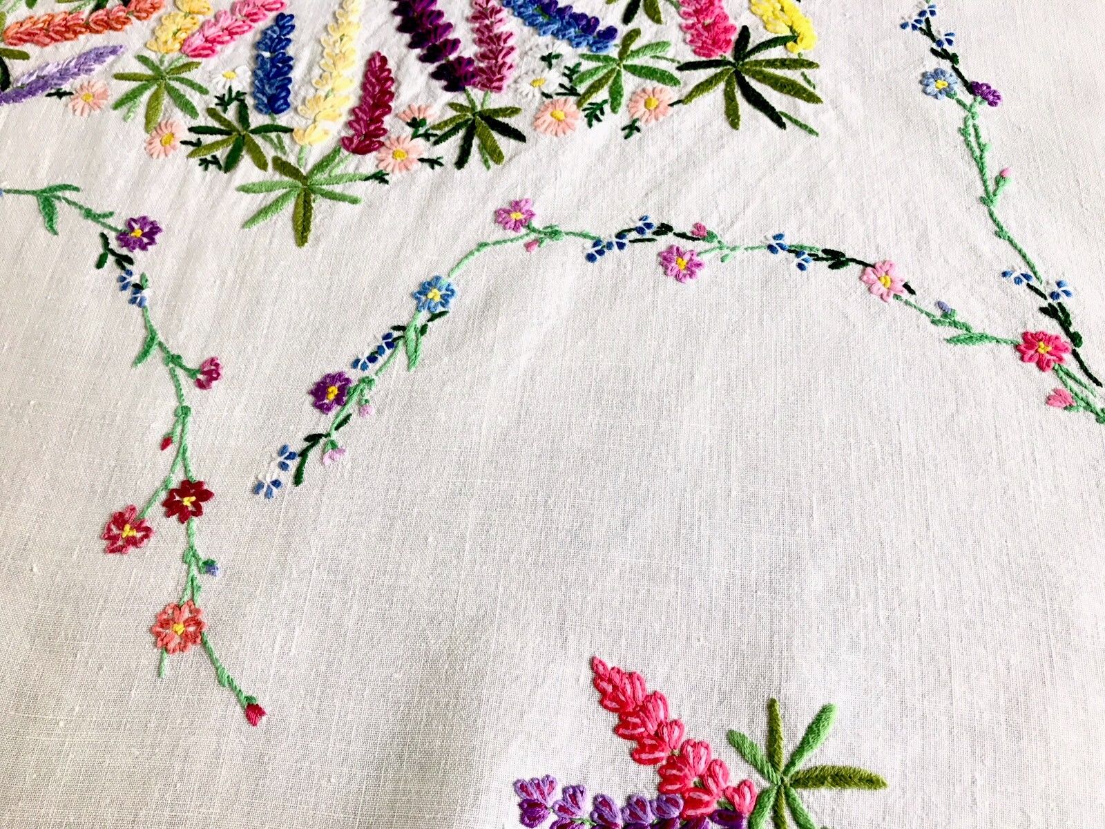 Beautiful Vintage Hand Embroidered White Linen " LUPINS " Tablecloth 41x42 Inch