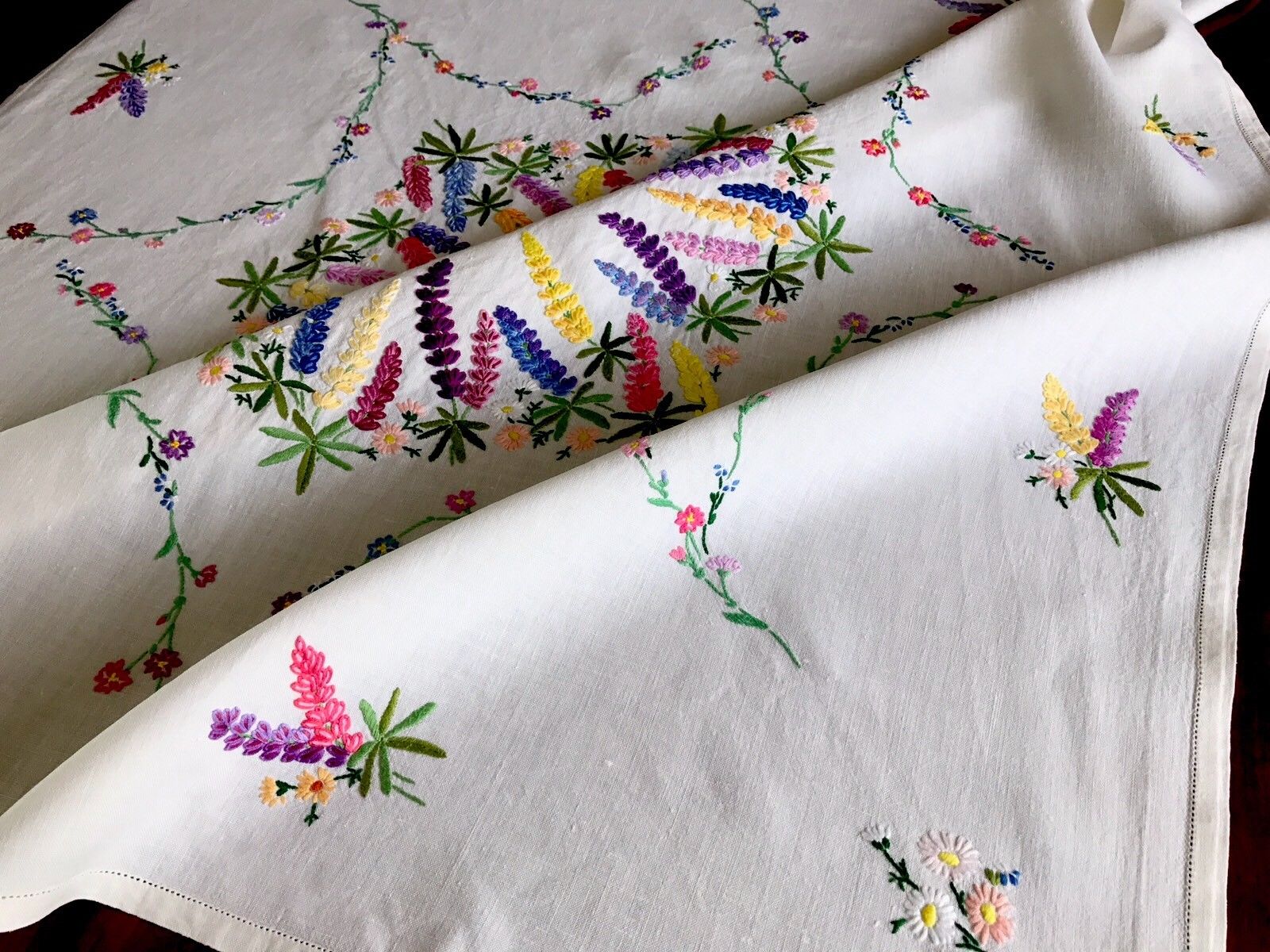 Beautiful Vintage Hand Embroidered White Linen " LUPINS " Tablecloth 41x42 Inch