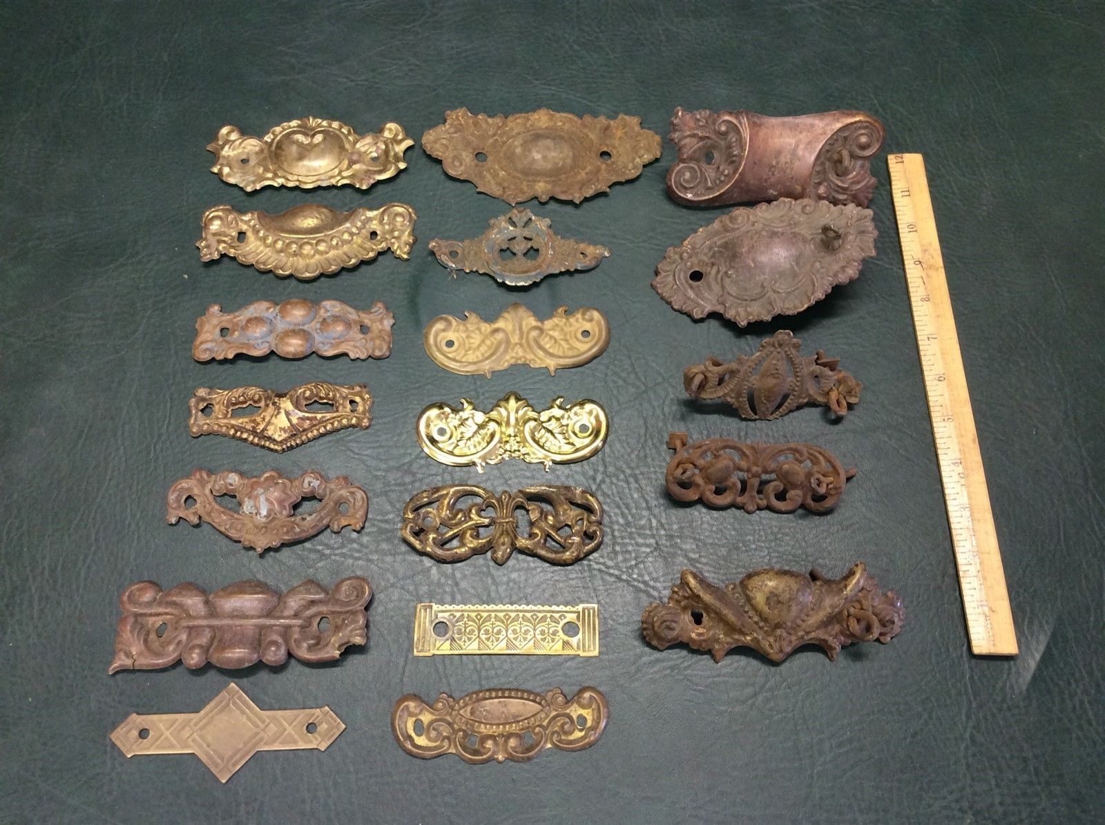 Misc Lot of 19 Antique Brass Ornate Drawer Pull Backplates Architectural Salvage