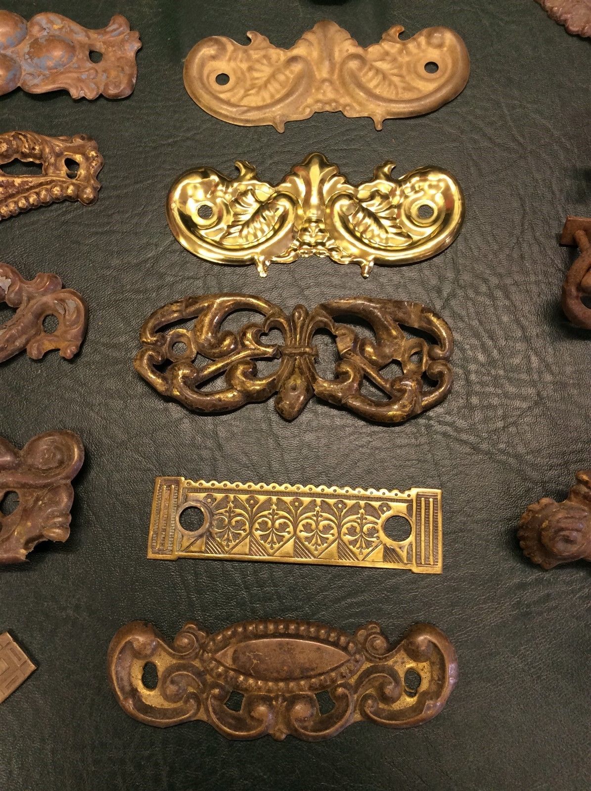 Misc Lot of 19 Antique Brass Ornate Drawer Pull Backplates Architectural Salvage