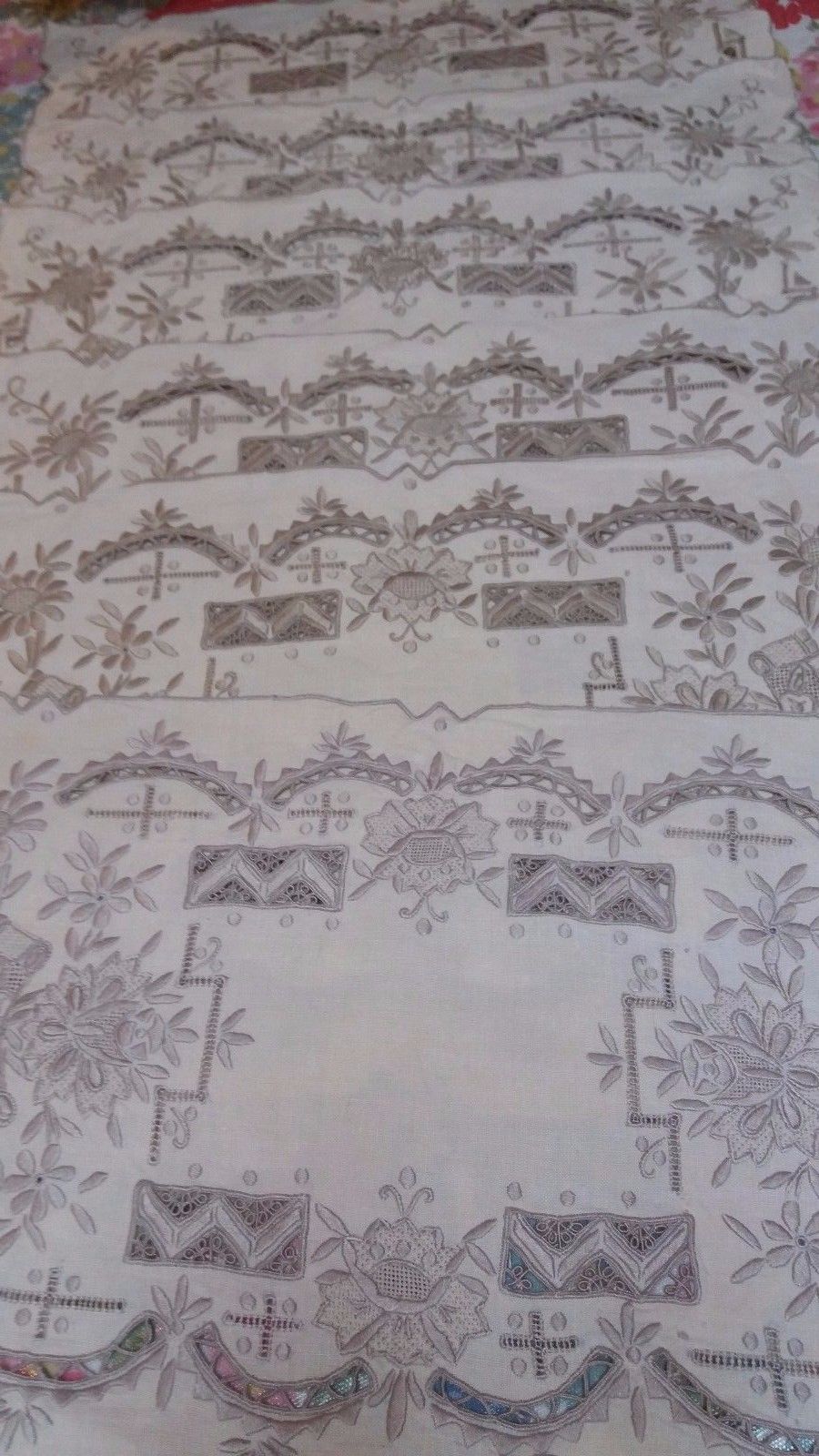 Antique Vintage hand embroidery Madeira table mats set x 6 runner linen floral