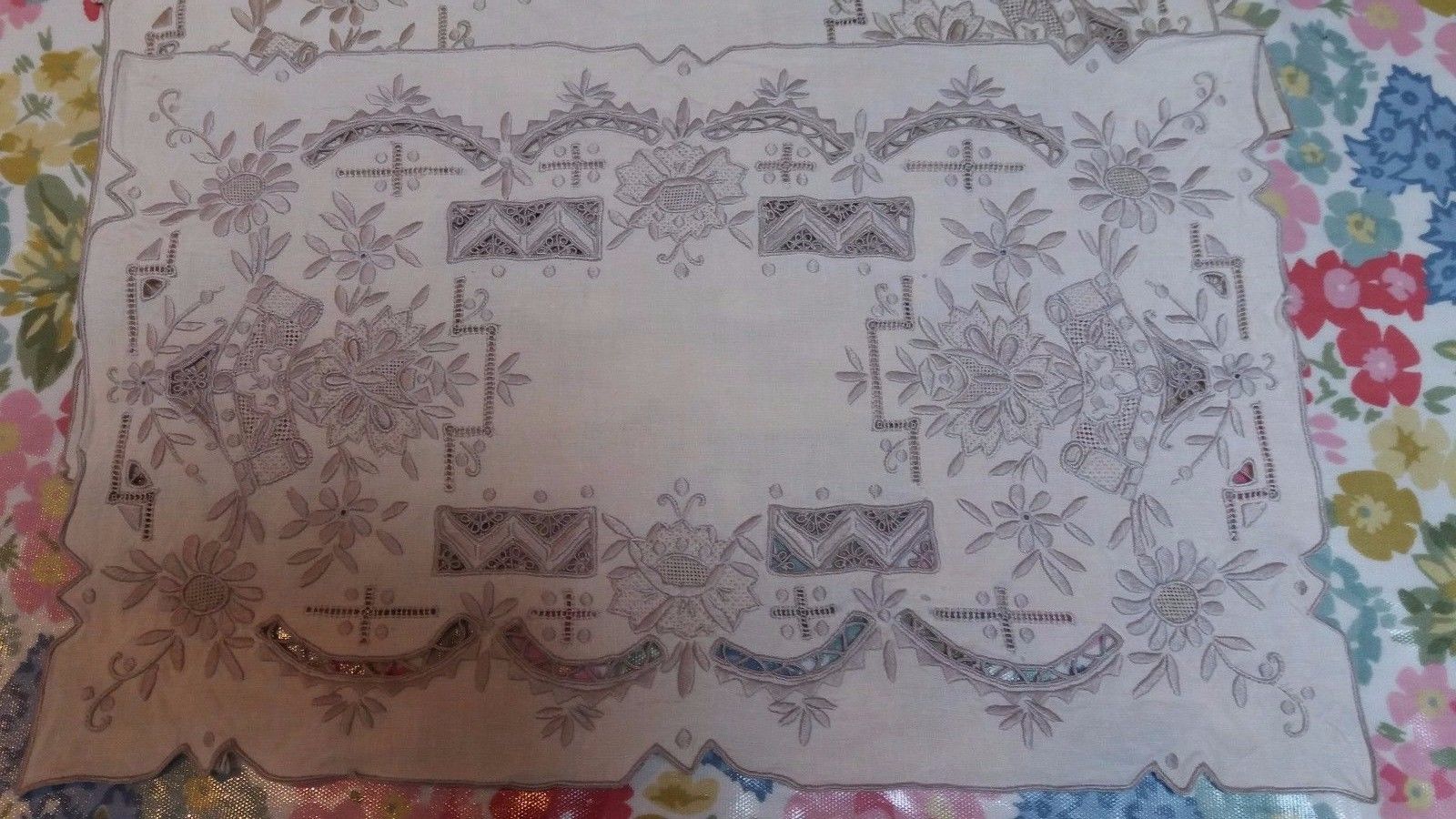 Antique Vintage hand embroidery Madeira table mats set x 6 runner linen floral