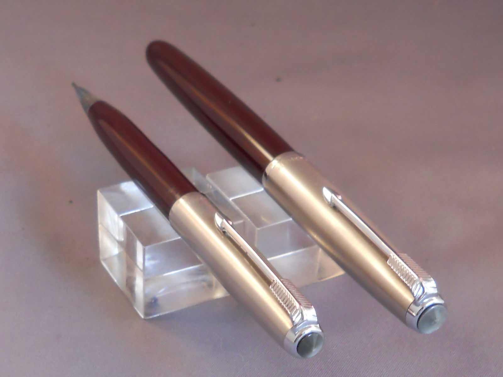 Parker 51 Brown Chrome Cap Fountain Pen and Pencil Set ---working-- fine point