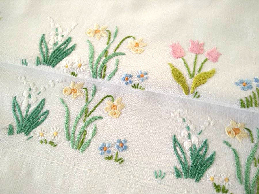 2 x Charming Vintage Pillow-cases ~ Hand embroidered Cottage Flowers