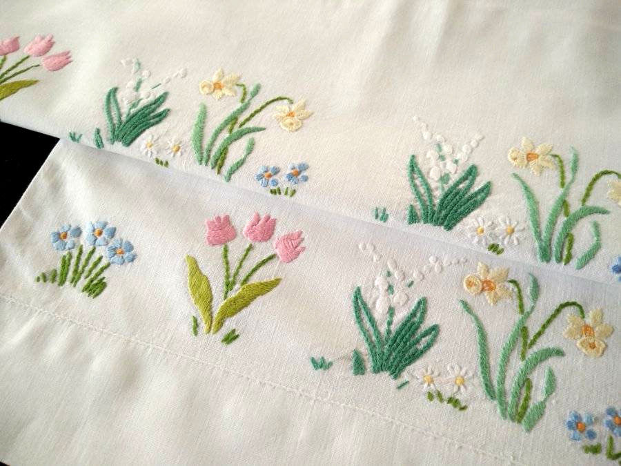 2 x Charming Vintage Pillow-cases ~ Hand embroidered Cottage Flowers