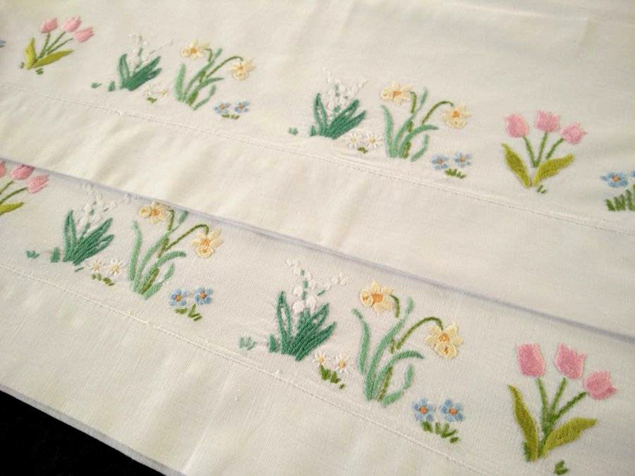 2 x Charming Vintage Pillow-cases ~ Hand embroidered Cottage Flowers