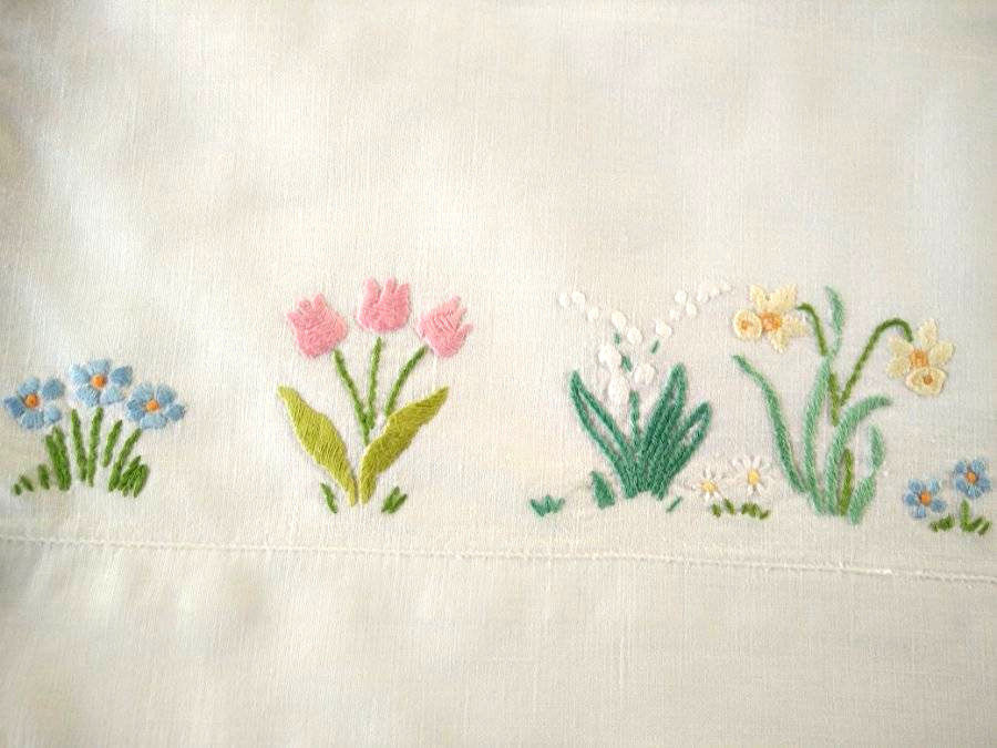 2 x Charming Vintage Pillow-cases ~ Hand embroidered Cottage Flowers