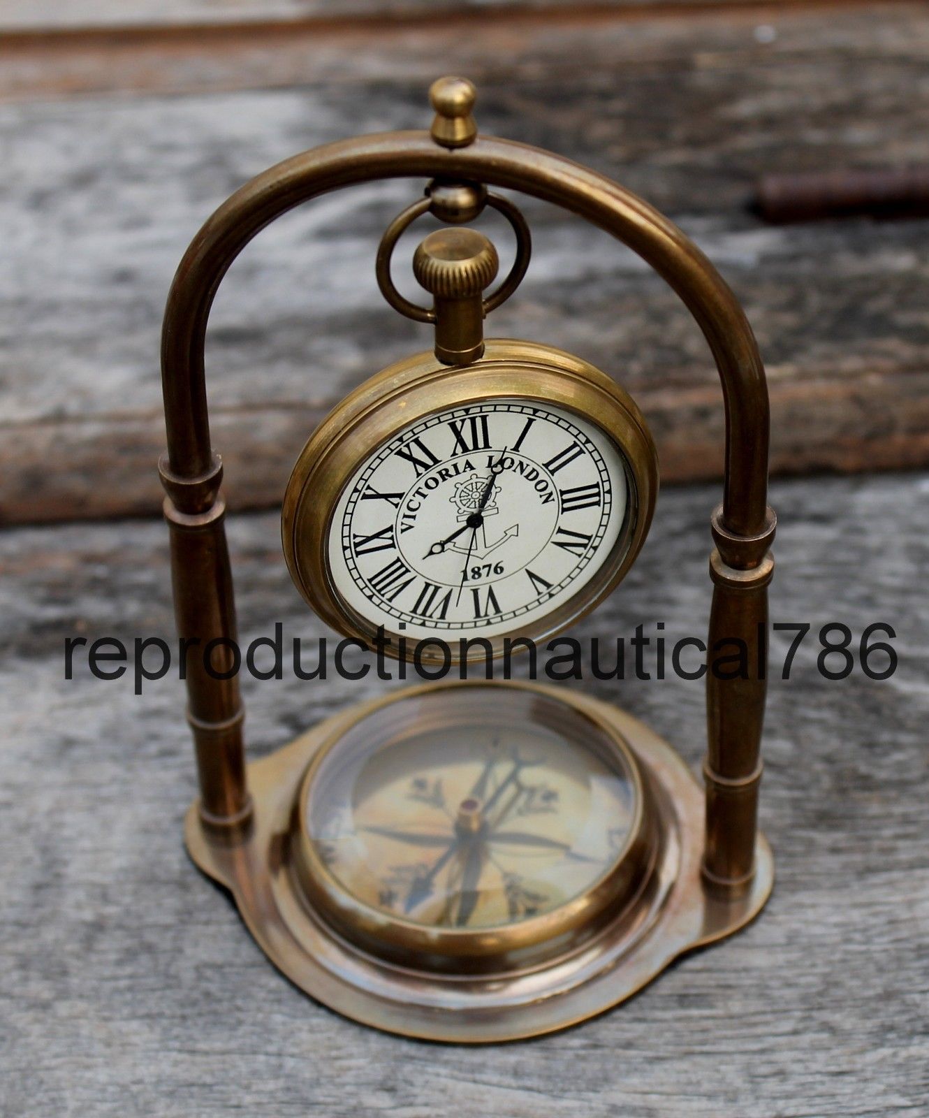 Maritime Collectible Desk Clock Nautical Solid Brass Stand Decor Watch W/Compass