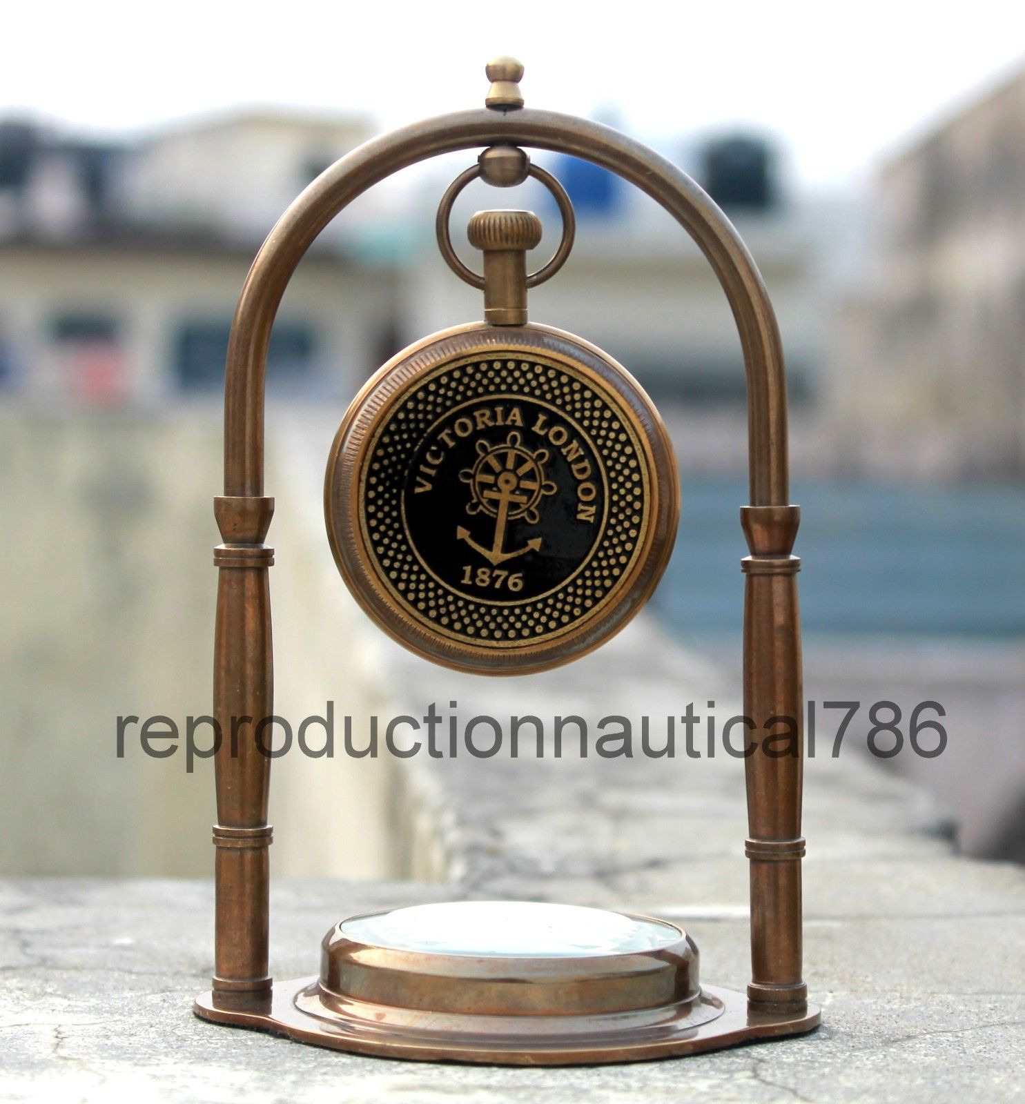 Maritime Collectible Desk Clock Nautical Solid Brass Stand Decor Watch W/Compass