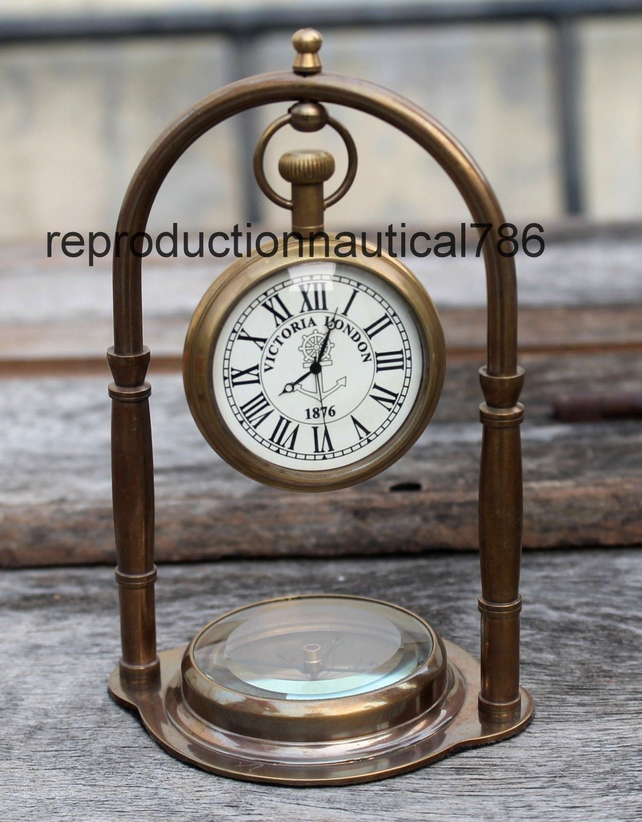 Maritime Collectible Desk Clock Nautical Solid Brass Stand Decor Watch W/Compass