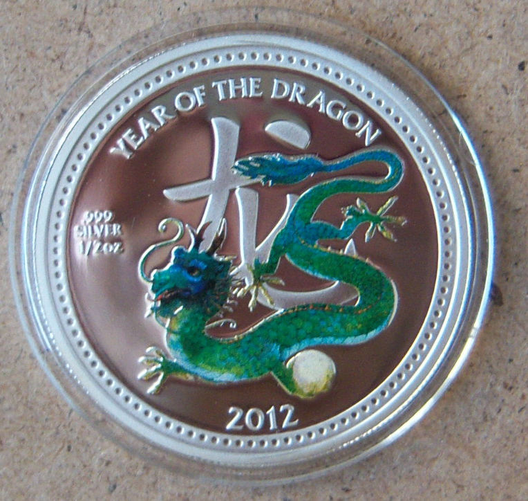 2012- Year of the Dragon, 1/2 oz silver 999 Niue islands, 2$ coin, RARE, UNC